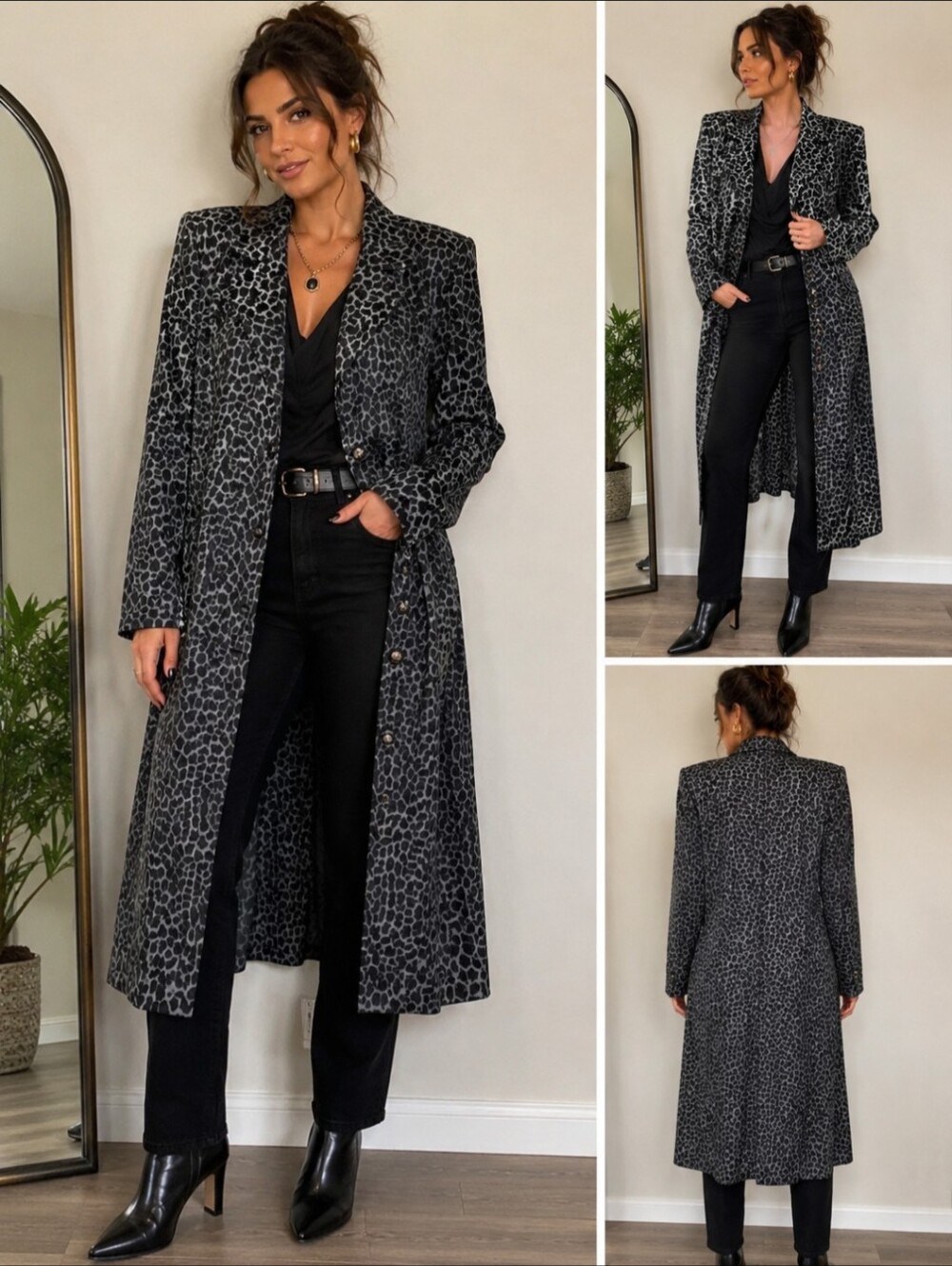 Vintage Betsy Lauren Leopard Print Duster Jacket Shoulder Pads Gray Black